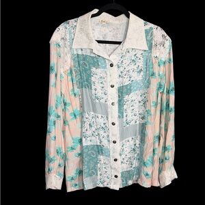 POL Teal and Peach Floral Button Down Shirt